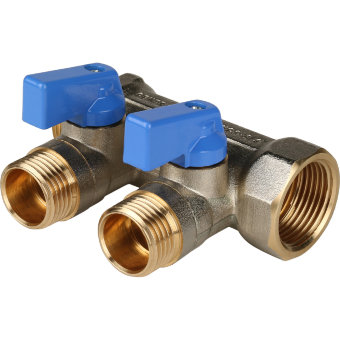 Коллектор с шаровыми кранами STOUT 3/4", 2 отвода 1/2" (синие ручки) (SMB 6201 341202)