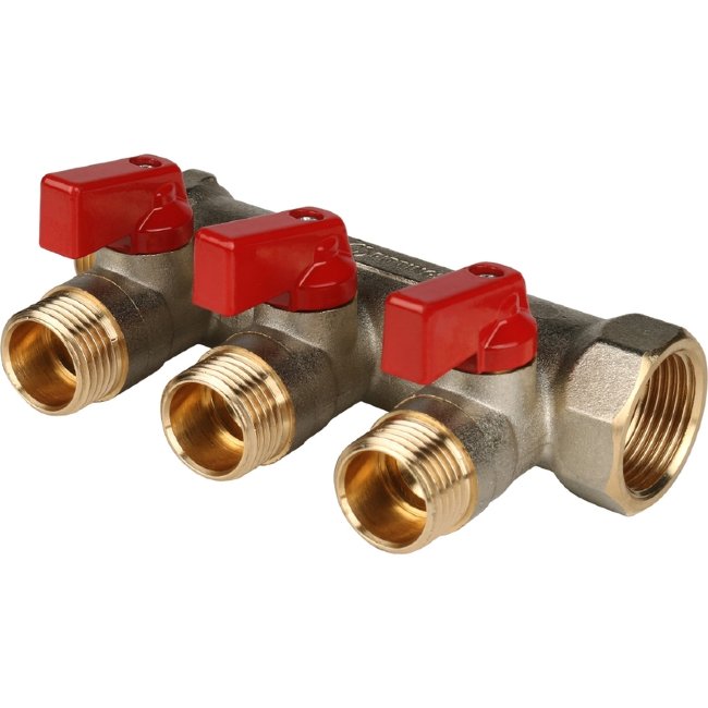 Коллектор 3 отвода с шаровыми кранами STOUT 3/4" 1/2" (красные ручки) (SMB 6200 341203) в Казани Коллектор 3 отвода с шаровыми кранами STOUT 3/4" 1/2" (красные ручки) (SMB 6200 341203) в Казани