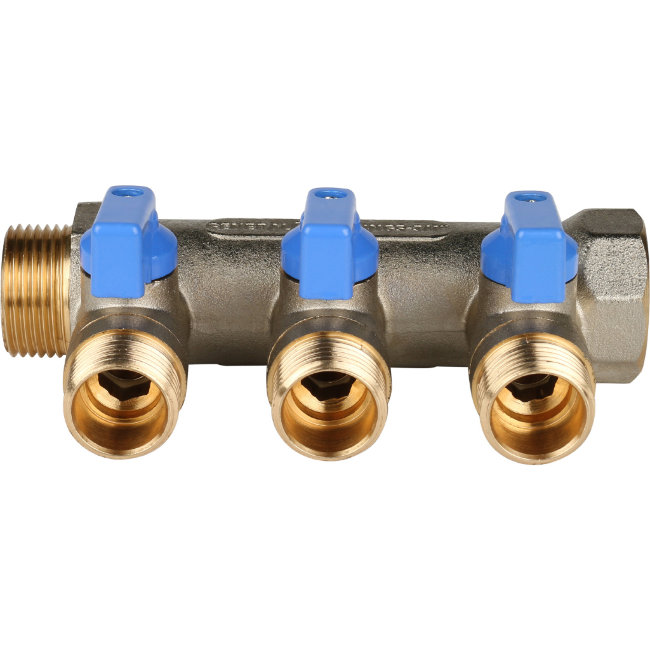 Коллектор 3 отвода с шаровыми кранами STOUT 3/4" 1/2" (синие ручки) (SMB 6201 341203) в Казани Коллектор 3 отвода с шаровыми кранами STOUT 3/4" 1/2" (синие ручки) (SMB 6201 341203) в Казани